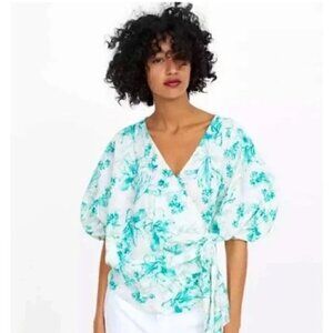 ZARA WRAP CROSS TIE V NECK KIMONO STYLE WHITE GREEN PRINT TOP LINEN SIZE SMALL